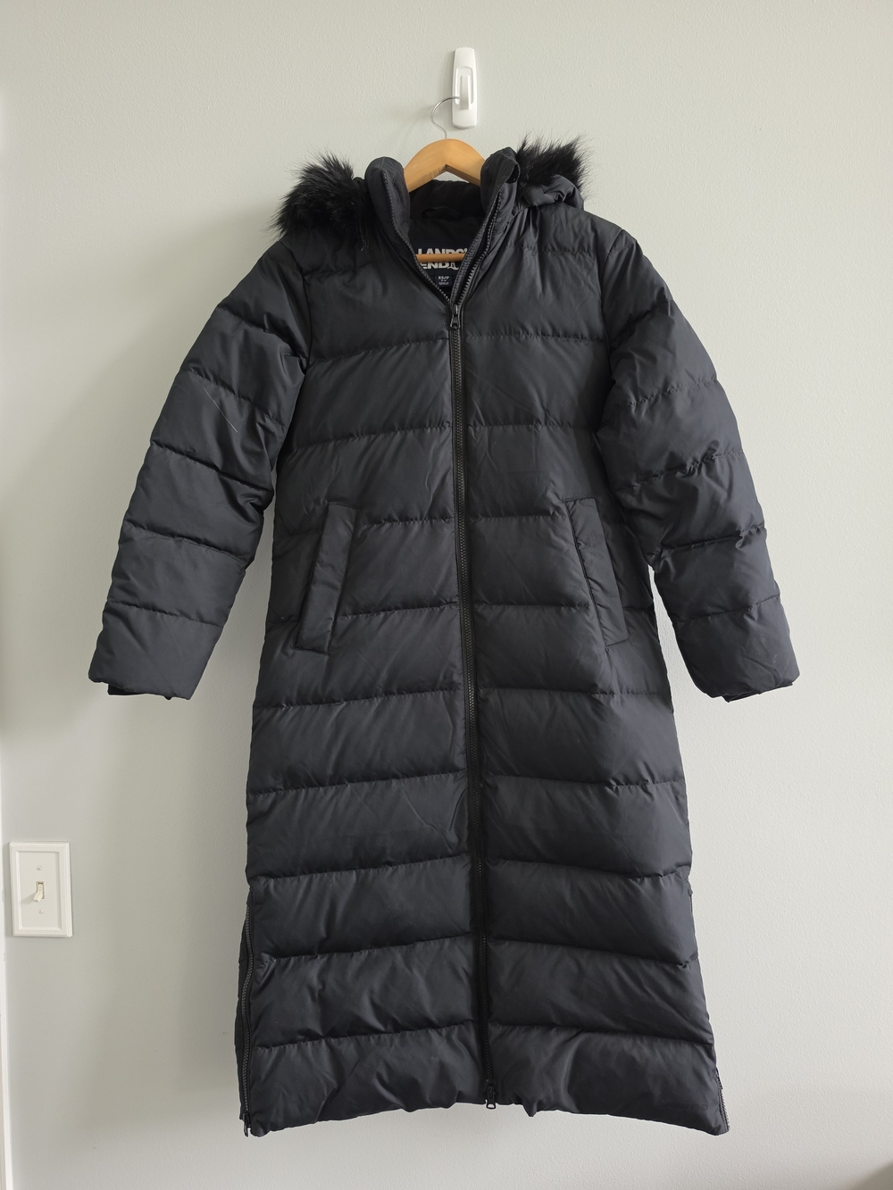 Lands' End Womens XS Black Down Maxi Puffer Coat Faux Fur Hood